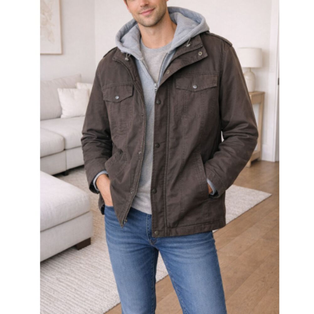 ROWM Hooded Jacket Men’s Size XL Brown Button Zip Casual Layered